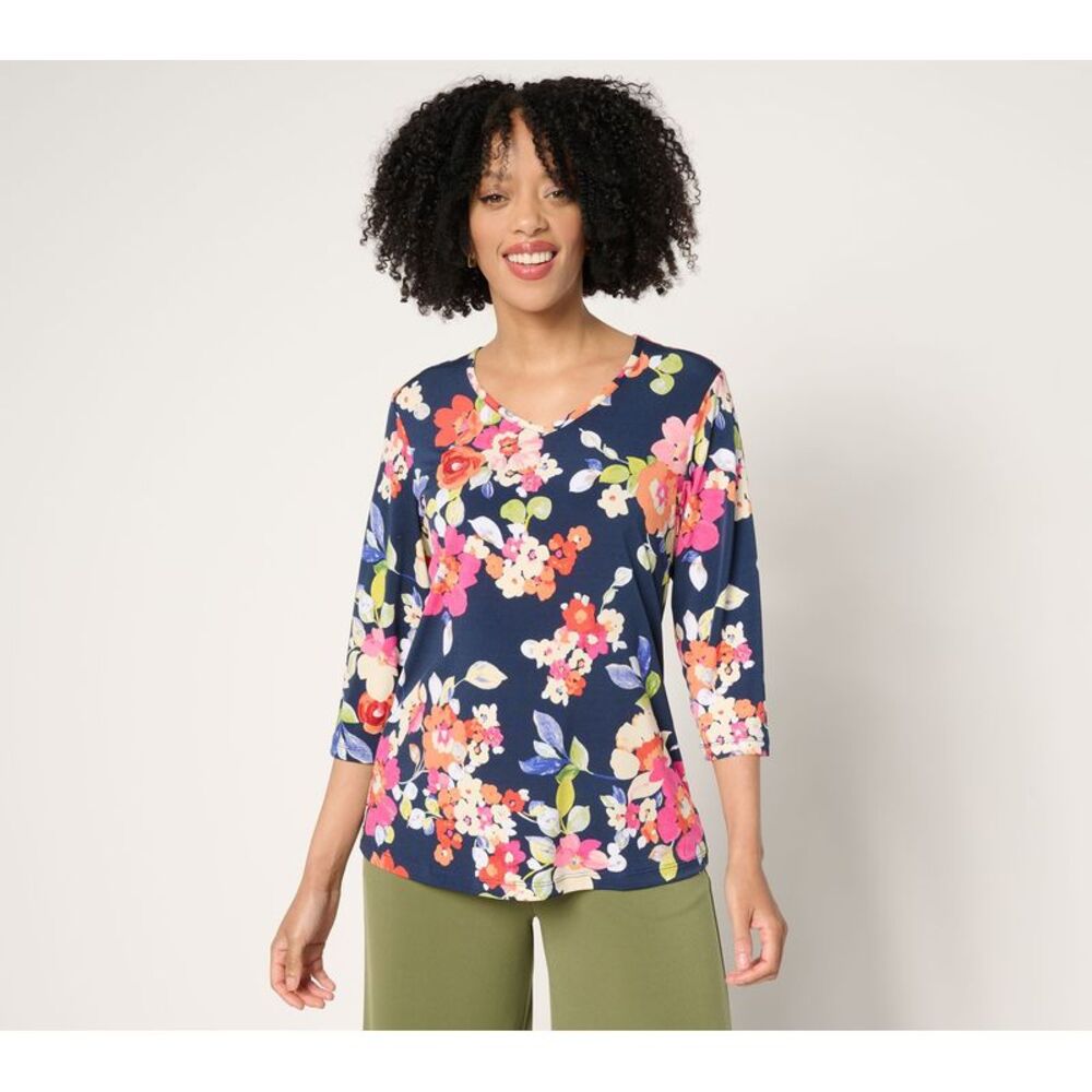 Susan Graver Women's Top Sz XL Printed Liquid Knit V-neck Multi-colored